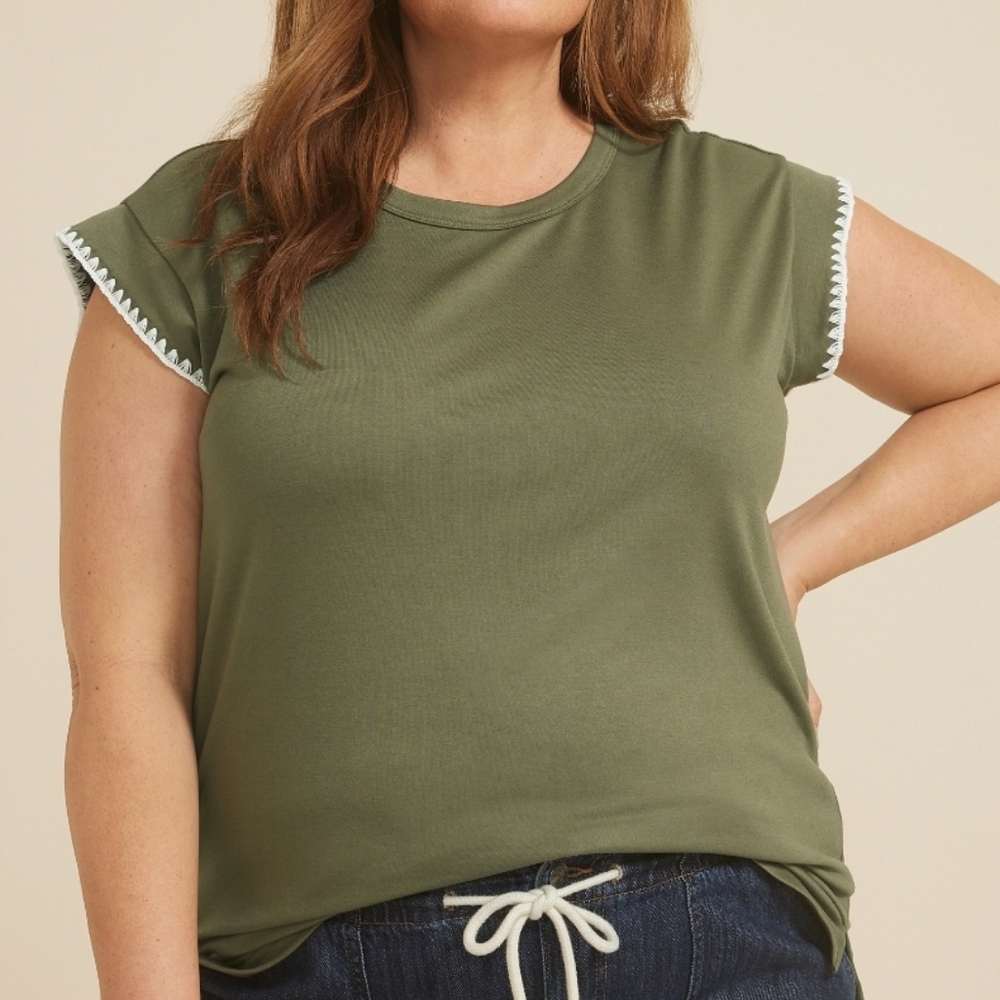 Olive Green Women's Top with Embroidered White Trim